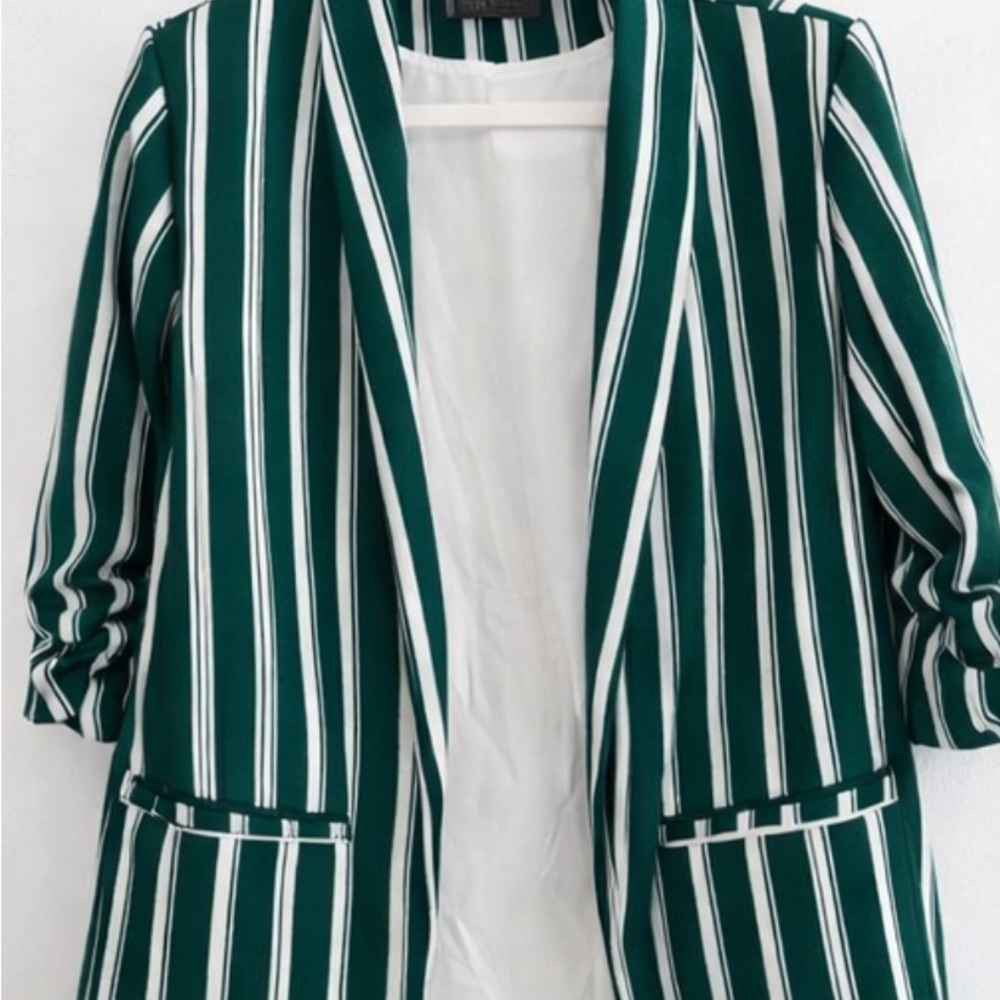 Only Women's Green and White Striped Blazer